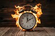 Alarm clock burning with intense flames, symbolizing urgency and haste