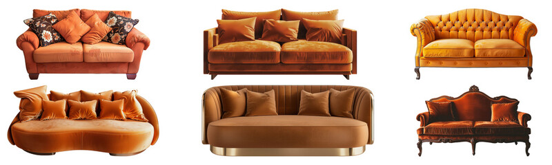 Elegant velvet sofas with cushions isolated cut out png on transparent background