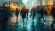 A blurry image of a group of people walking down the street, AI