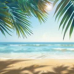 Wall Mural - Tropical beach background with palm leaves and sandy shore 