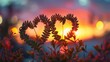 Two new born ferns create heart form on romantic sunset sky with blur bokeh.The abstract metaphor meaning of love.