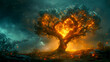 Concept love will save the world. Tree in the shape of a burning heart and fire around