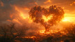 Concept love will save the world. Tree in the shape of a burning heart and fire around. Copy space