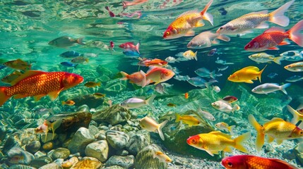 Poster - Underwater wonders: Colorful fish swim gracefully in the crystal-clear waters of the river, their vibrant hues a mesmerizing sight to behold.