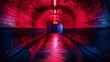 A long dark tunnel with red lights and a sign, AI
