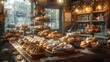 Enter a world of sweetness and light with a panoramic view of a bustling bakery, where trays of freshly baked cookies sit cooling on the counter,