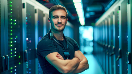 Poster - Happy IT Professional at Data Center. Generative ai