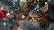 Cat in Christmas tree gazing above