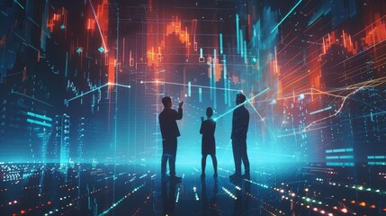 Wall Mural - Business people point to the virtual hologram in the internet cyberspace, online business and graph the rising trend of finance, future life.