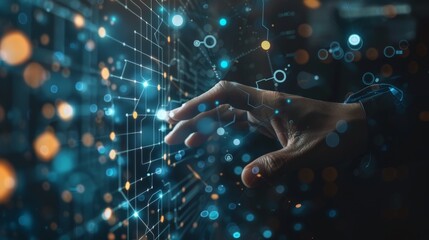 Fototapete - Businessman hand touching on global network for business and technology transformation exchange data information. ar