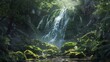 Cascade of serenity: A pristine waterfall cascades down moss-covered rocks, its gentle roar echoing through the tranquil valley.