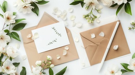 Wall Mural - Workspace. Wedding invitation cards, craft envelopes, white flowers and green leaves. Overhead view. Flat lay, top view invitation card. ink pen, ink with copy space. mockup jasmin