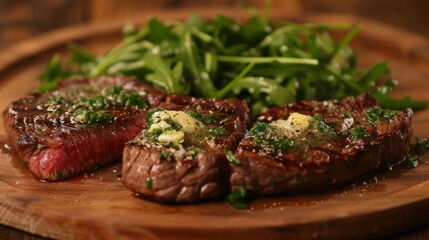 Sticker - A steak served with greens on a wooden plate