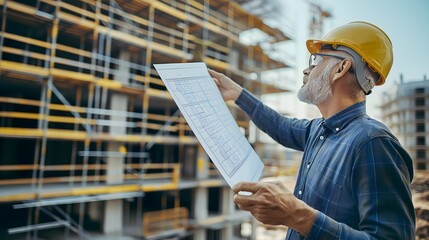 Leitender Geschäftsmann, Architekt steht mit Helm auf einer Baustelle, Bauherr, Helm, Gebäude, Architektur, Tablet-Computer, Schutzkleidung, Blaupause, Plan