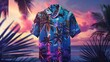 The shirt might incorporate flashy patterns or prints typical of '80s fashion, such as geometric shapes, abstract designs, or tropical motifs like palm trees or flamingos. 