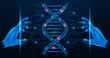Virtual genetic analysis of the DNA helix structure. Polygonal design of lines and dots. Blue background.