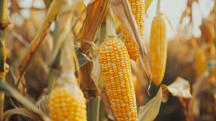 Poster - Corn cobs in corn plantation field.