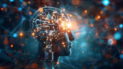 Poster - Head with new idea, lighting bulb and networking concept