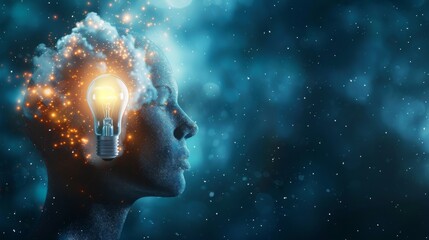 Poster - Head with new idea, lighting bulb and networking concept
