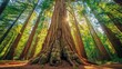 Majestic redwood: A towering redwood tree reaches skyward, its ancient branches casting dappled shadows on the forest floor.