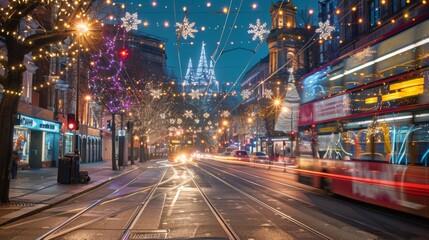 Poster - Manchester, England, UK. December 18th, 2021: Long exposure light trails from buses and other moving traffic on Portland Street in the final run up to Christmas