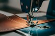 Modern sewing machine stitching brown leather under presser foot