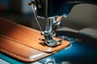 Modern sewing machine stitching brown leather under presser foot