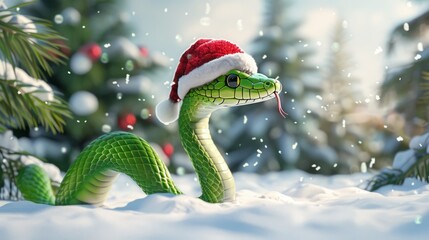 3d green shiny snake with a santa claus hat on its head against a background of snow and fir trees.