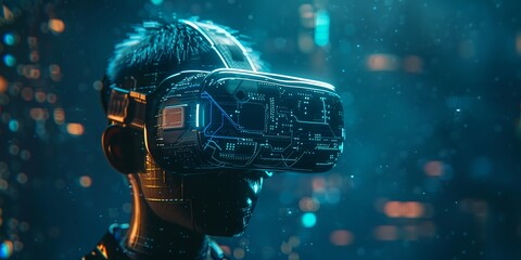 Poster - Man wearing virtual reality headset, with holographic elements around