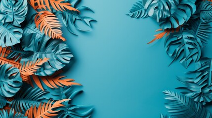 Sticker - A blue background with tropical leaves and orange, AI