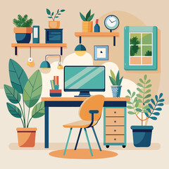 Sticker - A desktop computer sits on a desk surrounded by various plants in a cozy home office setup, A cozy home office setup with a desktop computer and plants, Simple and minimalist flat Vector Illustration