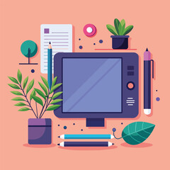 Aufkleber - A desktop computer sits surrounded by various office supplies in a workspace, A creative workspace with an oversized drawing tablet and digital pen, Simple and minimalist flat Vector Illustration