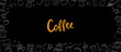 Coffee shop horizontal banner. Hand drawn elements for cafe menu, coffee shop. Beans, drinks, cups, pot, package, grinder, filter, portafilter, kettle