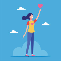 Canvas Print - A woman standing tall, holding a heart in her hand, A girl standing tall with one hand on her heart and the other reaching towards the sky, Simple and minimalist flat Vector Illustration