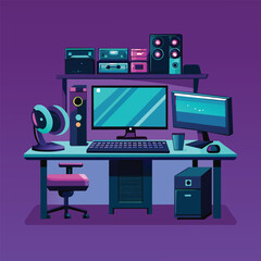 Poster - a computer desk with a monitor and keyboard on top, a high-tech desk setup with multiple monitors an