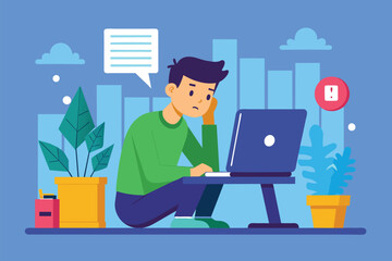 Poster - A man sitting at a desk, troubleshooting an error on his laptop, A man is having an error problem on his computer, Simple and minimalist flat Vector Illustration