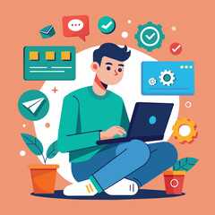 Poster - A man seated on the floor, focusing intently on his laptop screen as he installs apps, A man is installing apps on a laptop, Simple and minimalist flat Vector Illustration