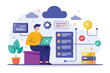 A man sitting at a desk, working on a laptop while observing computer data cloud storage process, A man looks at computer data cloud storage process, Simple and minimalist flat Vector Illustration