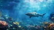 Reef shark encounter: A curious reef shark investigates a coral reef, its sleek silhouette cutting through the azure waters with grace.