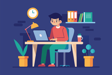 Sticker - A man seated at a desk, focused on working on a laptop computer, a man is working, Simple and minimalist flat Vector Illustration