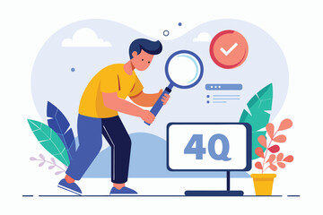 Poster - A man examines closely through a magnifying glass, A man looking for 404 error page not found, Simple and minimalist flat Vector Illustration