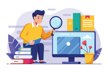 Poster - a man is holding a magnifying glass in front of a computer screen, searching for a file, a man looki