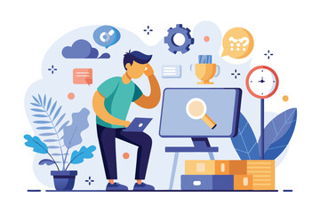 Poster - man analyzing computer screen with magnifying glass, a man looking for solutions to computer errors,