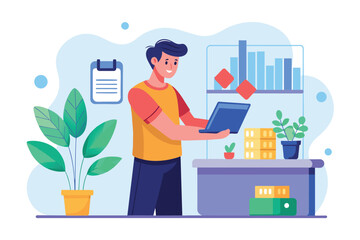 Poster - A man is standing in front of a desk with a laptop, making payments via barcode, A man makes payments via barcode, Simple and minimalist flat Vector Illustration