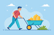 A man is pushing a wheelbarrow filled with gold coins, A man push cart full of gold coins, Simple and minimalist flat Vector Illustration
