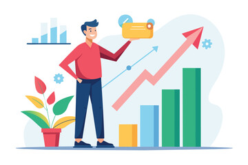 Sticker - A man stands in front of a bar chart showing growth trends, presenting confidently, A man presenting growth charts trending, Simple and minimalist flat Vector Illustration