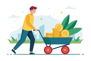 Sticker - A man is pushing a wheelbarrow filled with gold coins, A man push cart full of gold coins, Simple and minimalist flat Vector Illustration