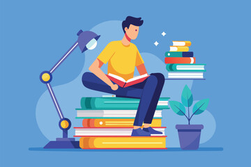 Poster - A man sits atop a stack of books, accompanied by a study lamp, a man sitting on a pile of books with a study lamp, Simple and minimalist flat Vector Illustration