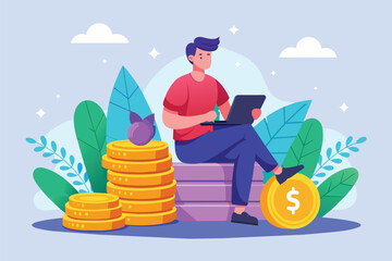 Poster - a man sitting on top of multiple stacks of coins, working on a laptop, a man sitting on a stack of c