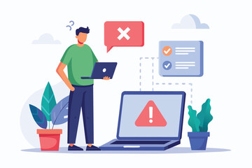  - a man standing next to a laptop displaying an error sign, a man standing next to a laptop with a err